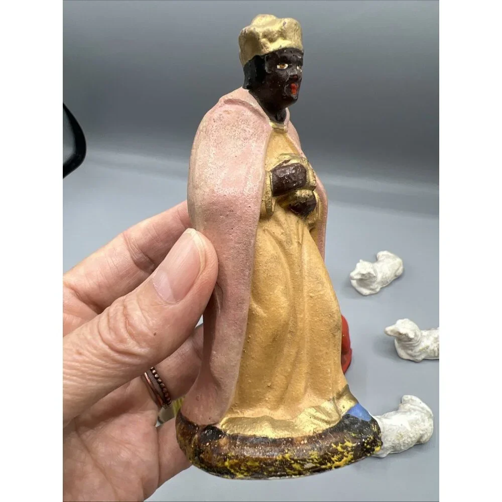 Vtg German Papier-Mâché Nativity 7 Pieces Christmas Lambs Magi Mary Old w/ Wear